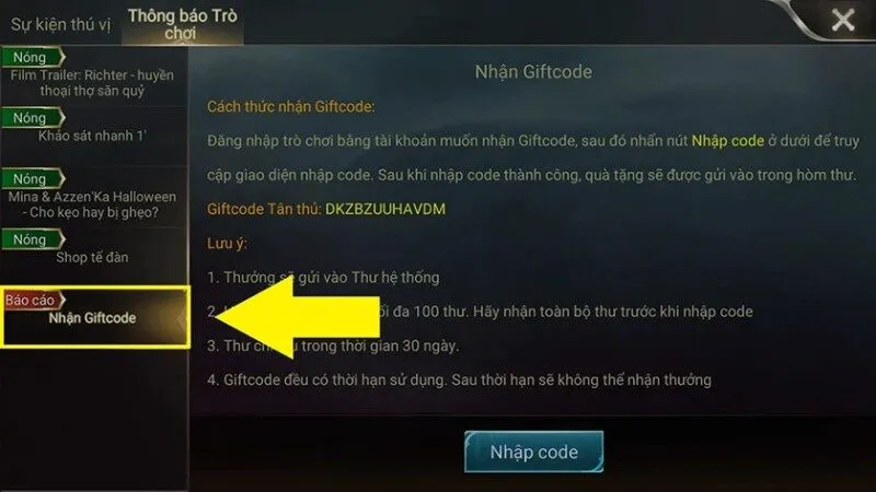 Lưu ý về nơi nhập code Liên Quân